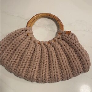Woven Knit Handle Tote Bag in Taupe with Bamboo Ring Handles